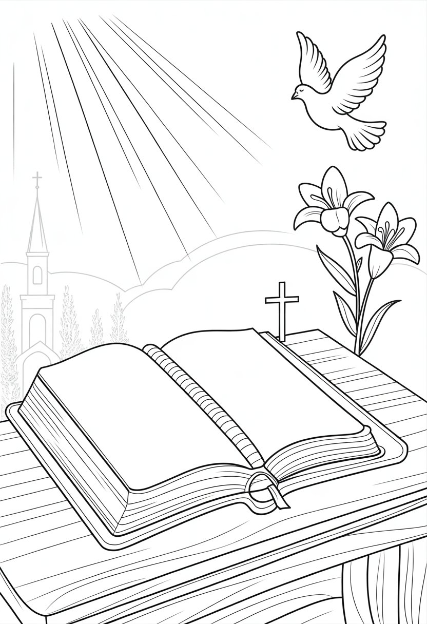Christian Coloring Pages for Kids: 20 Inspirational Designs to Inspire Faith 45 An open Bible on a table with a dove flying nearby, a cross, lilies, and a church steeple in the background.